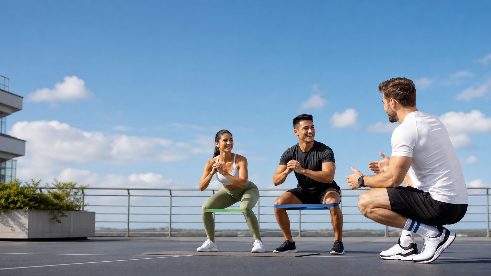 Fitness coach training with clients outdoors on a bright day
