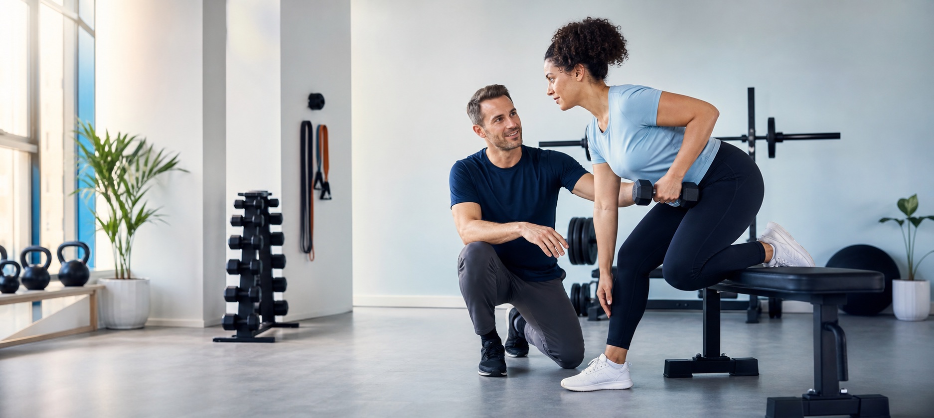 Personal trainer guiding a client through a strength exercise
